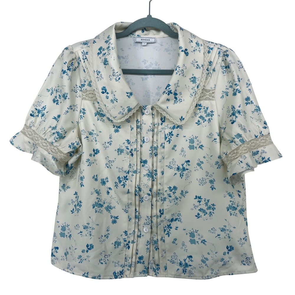 RIHOAS Size Large Blouse Cream Blue Floral Lace Peter Pan Collar Pintuck Women